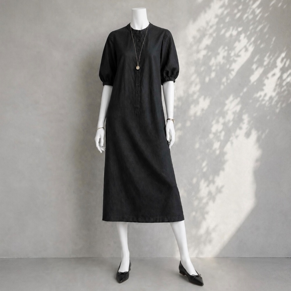 Goop G. Label Black Linen Cotton Midi Shirt Dress XL Minimalist Popover Shift